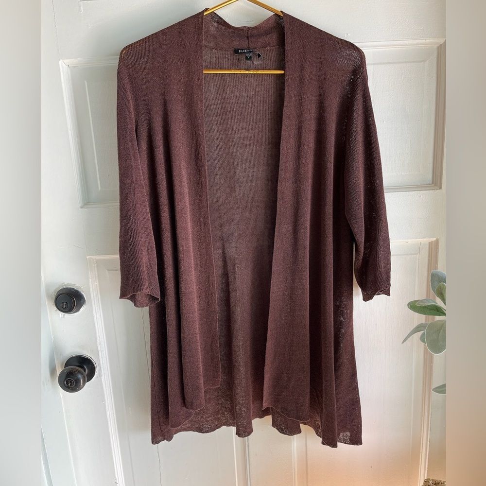 New Eileen Fisher, beautiful brown maroon linen quarter sleeve open cardigan